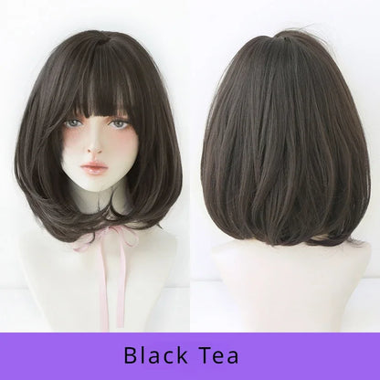 7JHH WIGS Short Straight Chocolate Bob Wig for Women Daily High Density Synthetic Layered Brown Hair Wigs with Neat Bangs