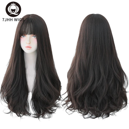 7JHH WIGS Popular Brown Ash Long Deep Wave Hair Lolita Wigs With Bangs Synthetic Wig For Women Fashion Thick Curls Wigs Girl