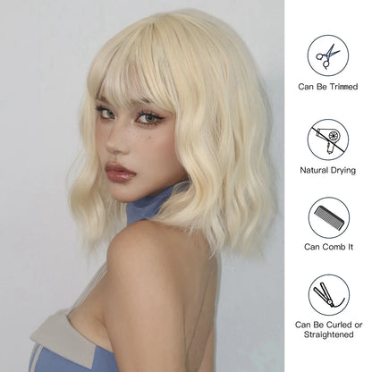 Blonde Short Curly Bob Synthetic Wigs with Bangs Platium Golden Lolita Cosplay Wigs for Women Daily Party Cosplay Heat Resistant