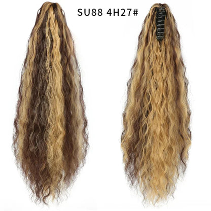 Synthetic Long Wavy Ponytail Ash Blonde Color Drawstring Ponytail Clip-on Hair Extensions For Women Black Blond Daily Use