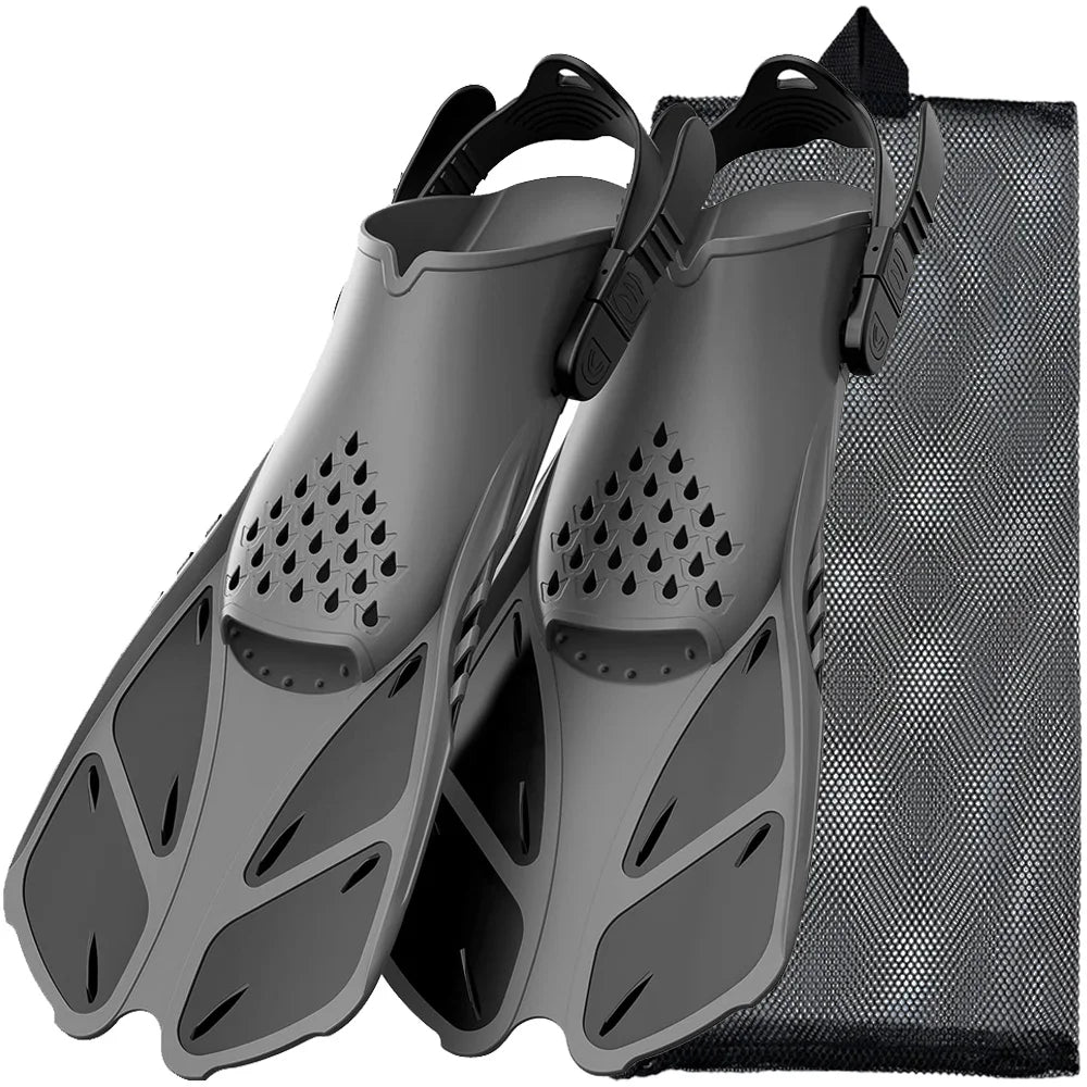 Snorkel Fins Adjustable Buckles Swimming Flippers Short Silicone Scuba Diving Shoes Open Heel Travel Size Adult Men Womens