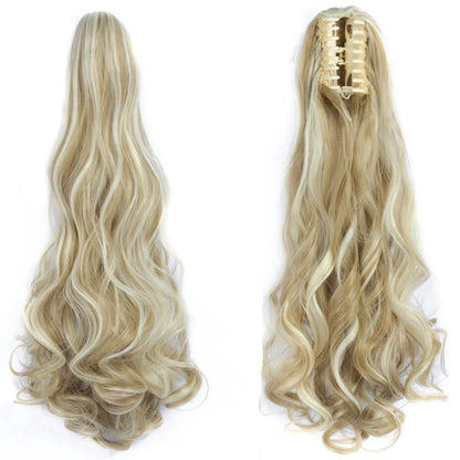 Synthetic Long Wavy Ponytail Ash Blonde Color Drawstring Ponytail Clip-on Hair Extensions For Women Black Blond Daily Use