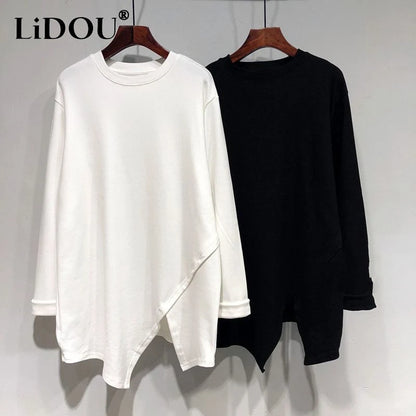 Autumn Winter New Fashion Solid Color Casual Long Sleeve T-Shirts Women Loose Elegant Mid-length Pullovers Plus Velvet Warm Tops