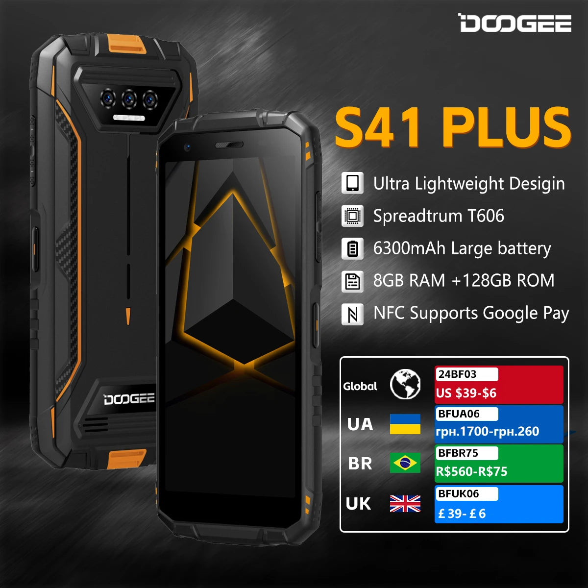 DOOGEE S41 PLUS Rugged Phone ,5.5" IPS Display 4GB+128GB 6300mAh Batterty 13MP AI Camera NFC Android 13