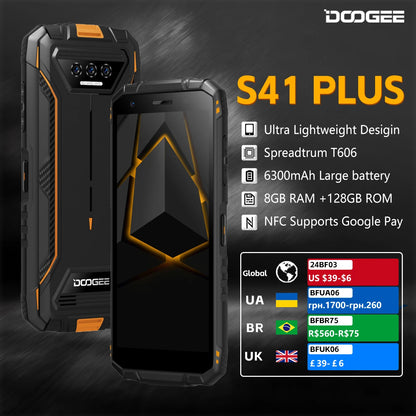 DOOGEE S41 PLUS Rugged Phone ,5.5" IPS Display 4GB+128GB 6300mAh Batterty 13MP AI Camera NFC Android 13