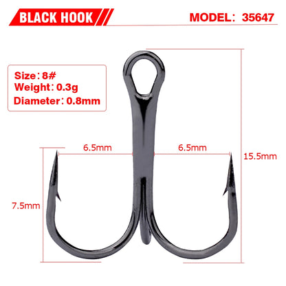 PROBEROS 20 PCS/Lot Black High Carbon Treble Hooks Super Sharp Solid Size 2#-14# Triple Barbed Steel Fish Hook Wholesale