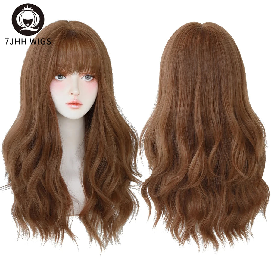 7JHH WIGS Popular Brown Ash Long Deep Wave Hair Lolita Wigs With Bangs Synthetic Wig For Women Fashion Thick Curls Wigs Girl