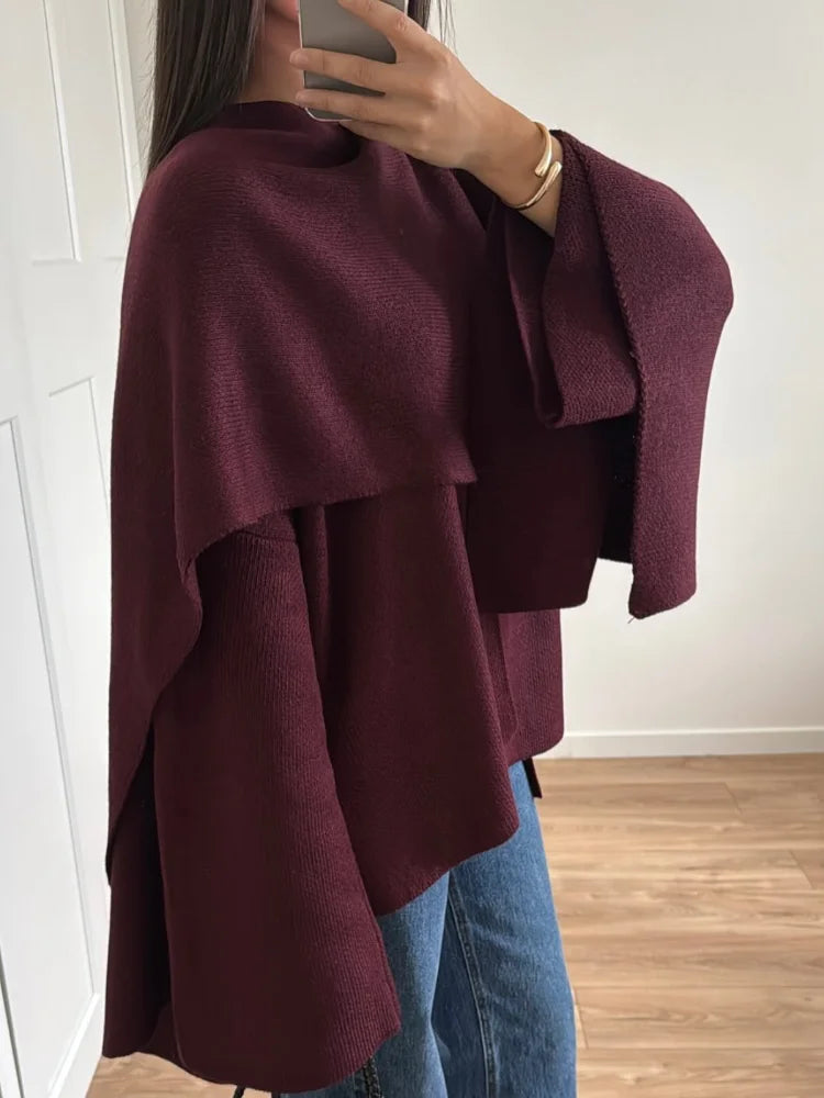 2024 Burgundy Women's Chic Scarf Collar Jackets Autumn Fashion Long Sleeved Casual Loose Coat New Ladies Elegant Street Outwear