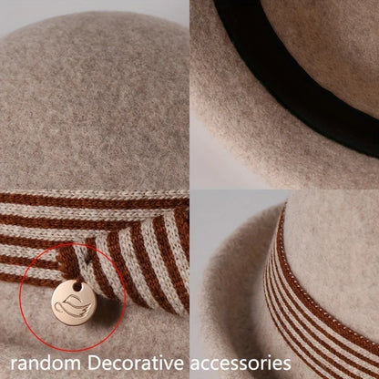 Autumn and winter hats, new Korean version felt hat, round top, fashionable curled edge small top hat, women's wool basin hat, d