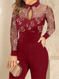 For Women's Spring Autumn New Long Sleeve Lace Printed Jumpsuit Pants Fashion Slim Waist Elegant Female Lace Jumpsuit Long Pants