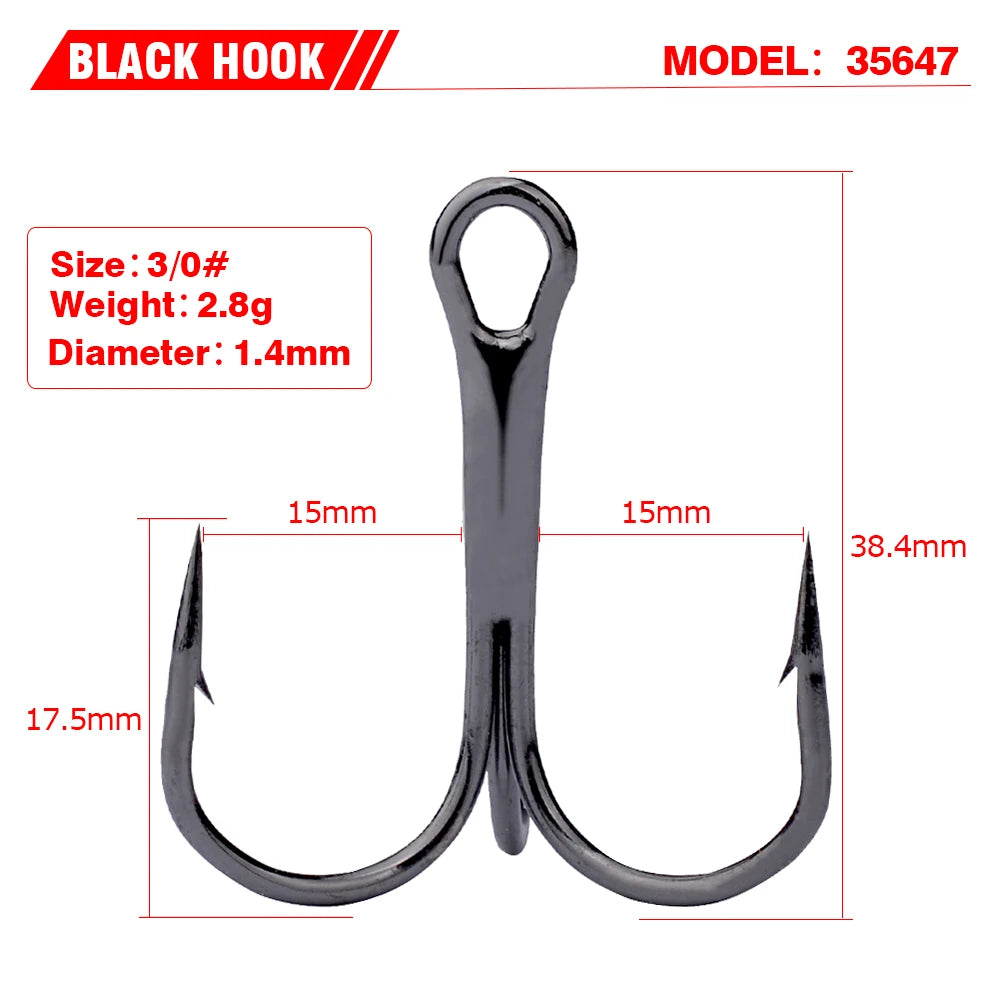 PROBEROS 20 PCS/Lot Black High Carbon Treble Hooks Super Sharp Solid Size 2#-14# Triple Barbed Steel Fish Hook Wholesale