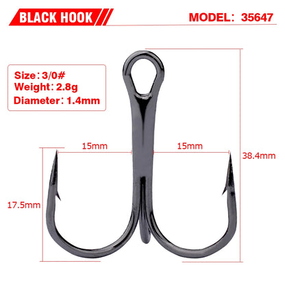PROBEROS 20 PCS/Lot Black High Carbon Treble Hooks Super Sharp Solid Size 2#-14# Triple Barbed Steel Fish Hook Wholesale