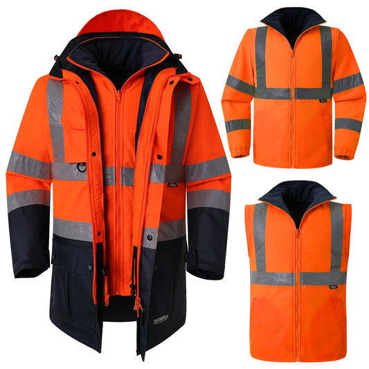 Hi Vis 5 in 1 Waterproof Parka Windbreaker Workwear Rain Coat Reflective Safety Jacket with Detachable Linner