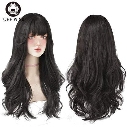 7JHH WIGS Popular Brown Ash Long Deep Wave Hair Lolita Wigs With Bangs Synthetic Wig For Women Fashion Thick Curls Wigs Girl