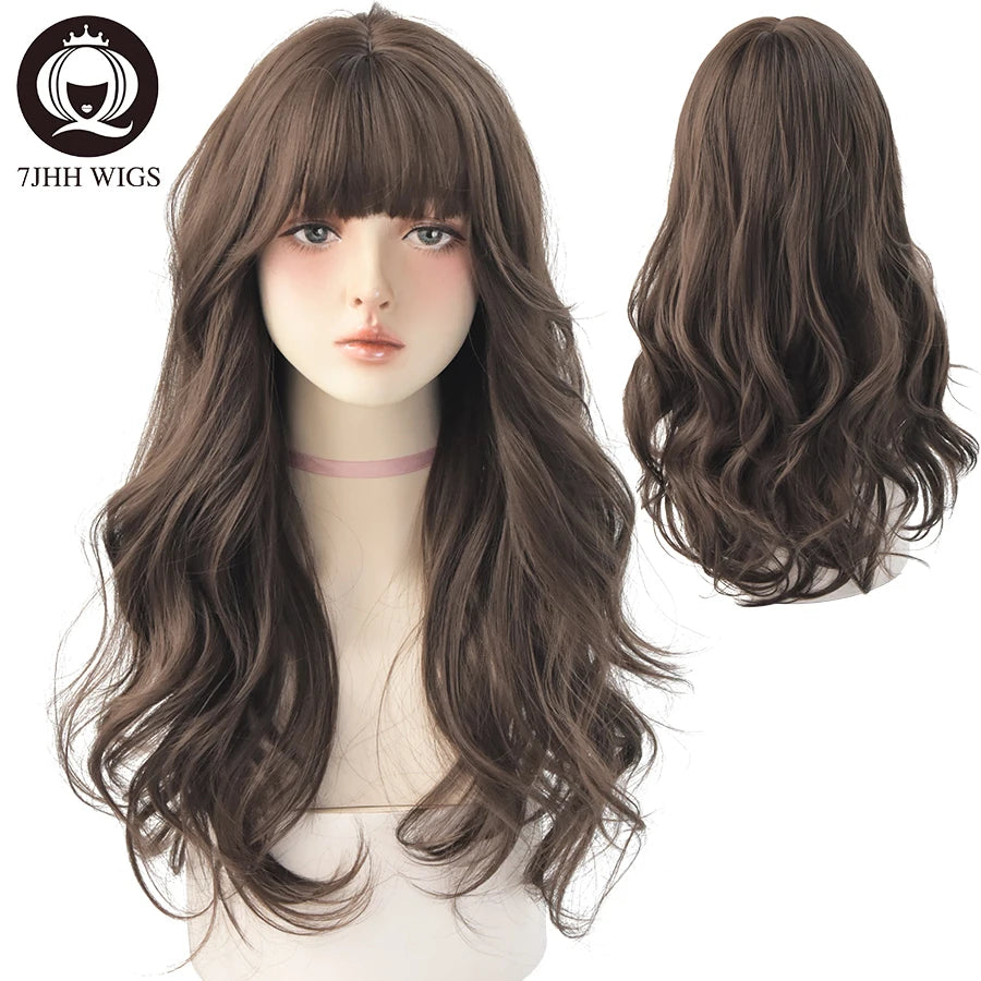 7JHH WIGS Popular Brown Ash Long Deep Wave Hair Lolita Wigs With Bangs Synthetic Wig For Women Fashion Thick Curls Wigs Girl