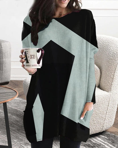 European and American Plus Size Women's Casual Fashion V Neck Long Sleeved Patchwork Dress