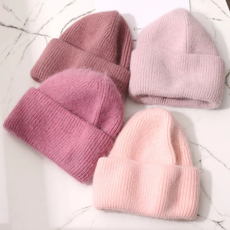 Fashion Warm Cashmere Wool Skullies Angola Rabbit Fur Winter Knitted Beanies Women Cap Female Three Fold Ski Outdoor Hats