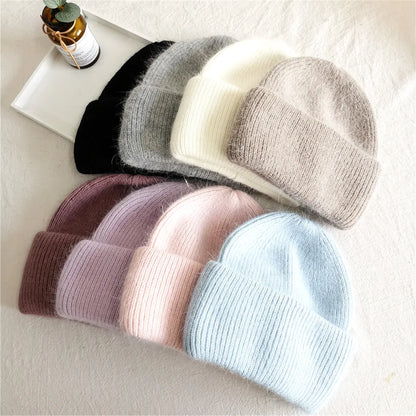 Fashion Warm Cashmere Wool Skullies Angola Rabbit Fur Winter Knitted Beanies Women Cap Female Three Fold Ski Outdoor Hats