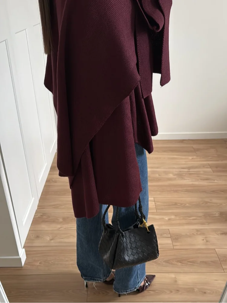 2024 Burgundy Women's Chic Scarf Collar Jackets Autumn Fashion Long Sleeved Casual Loose Coat New Ladies Elegant Street Outwear