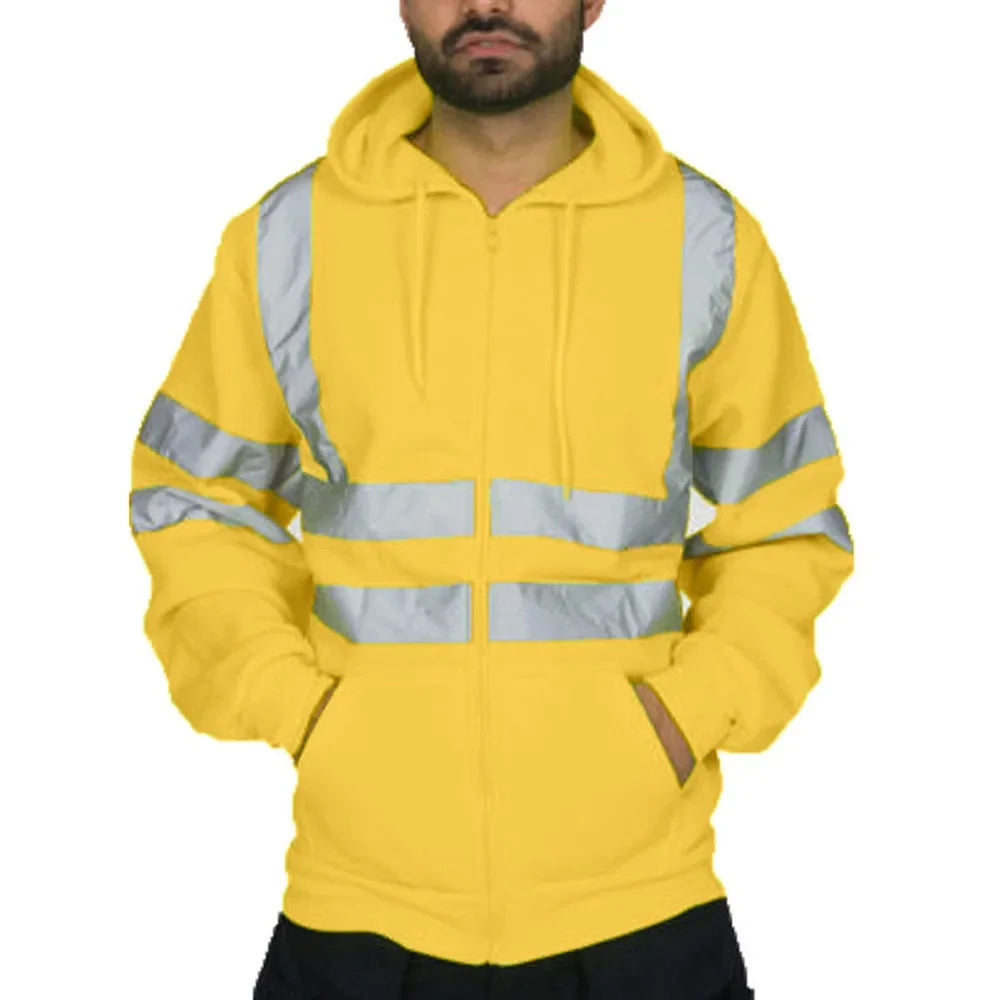 Men Reflective Strip Sanitation Overalls Fleece Hooded Jacket for Cold-Proof Outdoor Sweater Work Safety Coat Outdoor