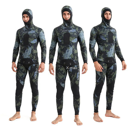 2 Pieces Neoprene Wetsuit 5mm Camouflage Long Sleeve Fission Hooded Submersible Men Keep Warm Scuba Diving Suit