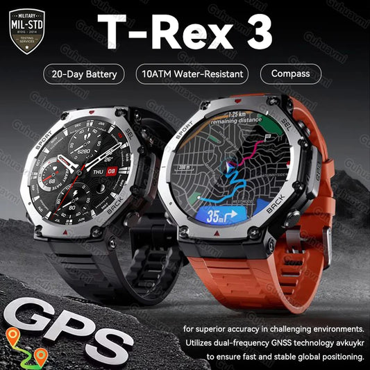 New T-Rex 3 Dual-Band GPS Military Smart Watch 48mm 10ATM Water-Resistant 500mAh Battery Compass Altimeter Smartwatch For HUAWEI