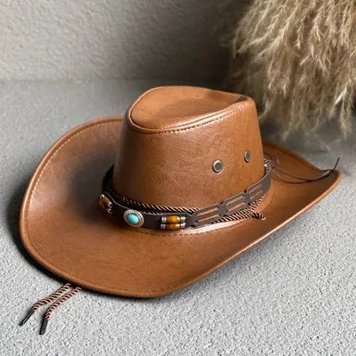 Faux Leather Western Cowboy Hats For Women Men Vintage Gentleman Dress Hats Panama Cowgirl Jazz Cap Sombrero Hombre