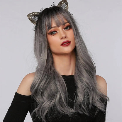 Long Wavy Silver Ash Ombre Cosplay Synthetic Wigs Natural Curly Gray Black Hair Wig with Bangs for Women Afro Heat Resistant