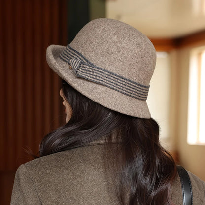 Autumn and winter hats, new Korean version felt hat, round top, fashionable curled edge small top hat, women's wool basin hat, d