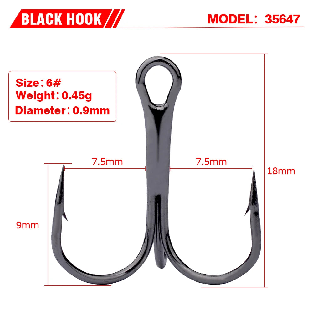 PROBEROS 20 PCS/Lot Black High Carbon Treble Hooks Super Sharp Solid Size 2#-14# Triple Barbed Steel Fish Hook Wholesale