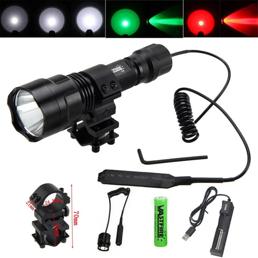 2500LM 500-800M Range LED Tactical Hunting Flashlight Portable Torch Outdoor Waterproof Lantern+18650+USB Charger +Switch