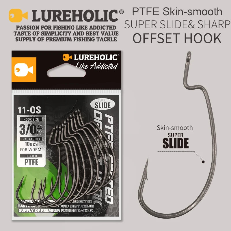 LUREHOLIC PTFE Super Slide Offset Hook Worm Hook Texas Rig Drop Shot Stainless Steel Worm Fishhook Fishing Accessories