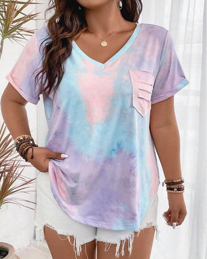 New Plus Size European and American Women's Casual V-neck Printed Pocket T-shirt