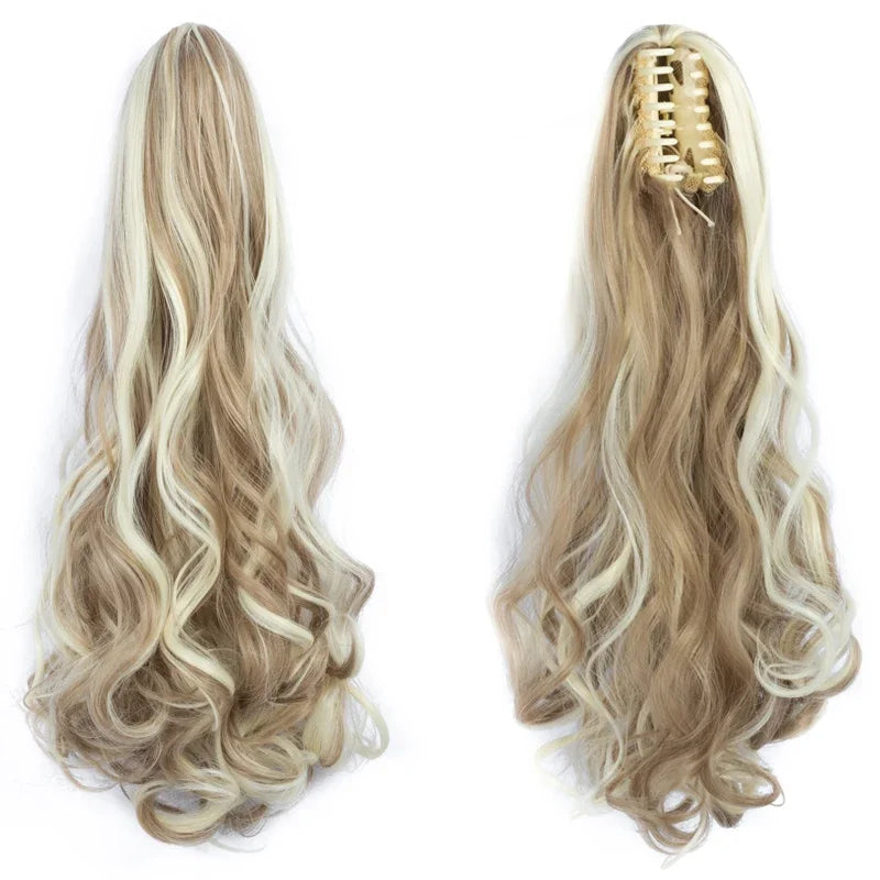 Synthetic Long Wavy Ponytail Ash Blonde Color Drawstring Ponytail Clip-on Hair Extensions For Women Black Blond Daily Use