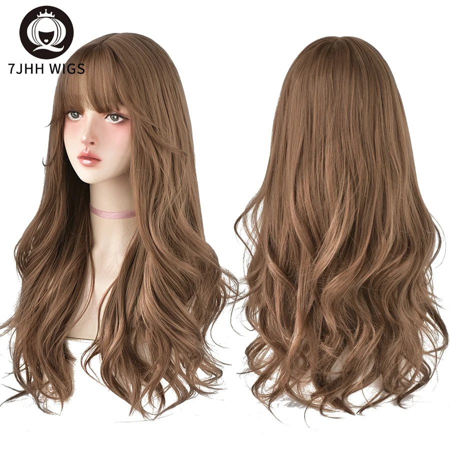 7JHH WIGS Popular Brown Ash Long Deep Wave Hair Lolita Wigs With Bangs Synthetic Wig For Women Fashion Thick Curls Wigs Girl