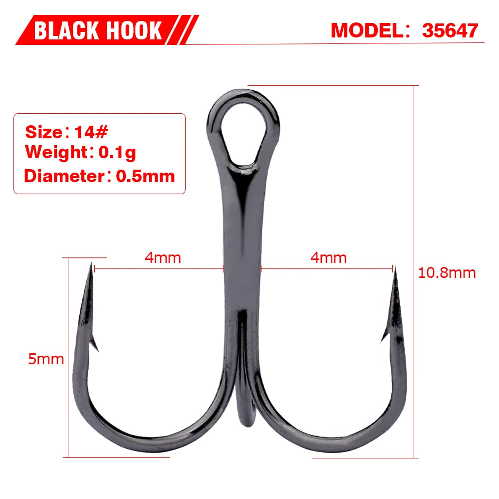 PROBEROS 20 PCS/Lot Black High Carbon Treble Hooks Super Sharp Solid Size 2#-14# Triple Barbed Steel Fish Hook Wholesale