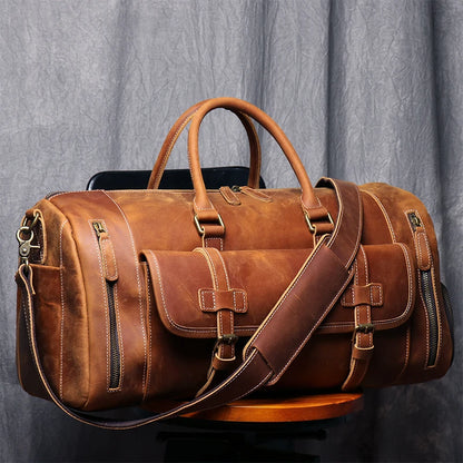 MUNUKI Vintage Crazy Horse Genuine Leather Travel bag  Large Luggage bag men Leather duffle bag Large Weekend Bag Tote Big