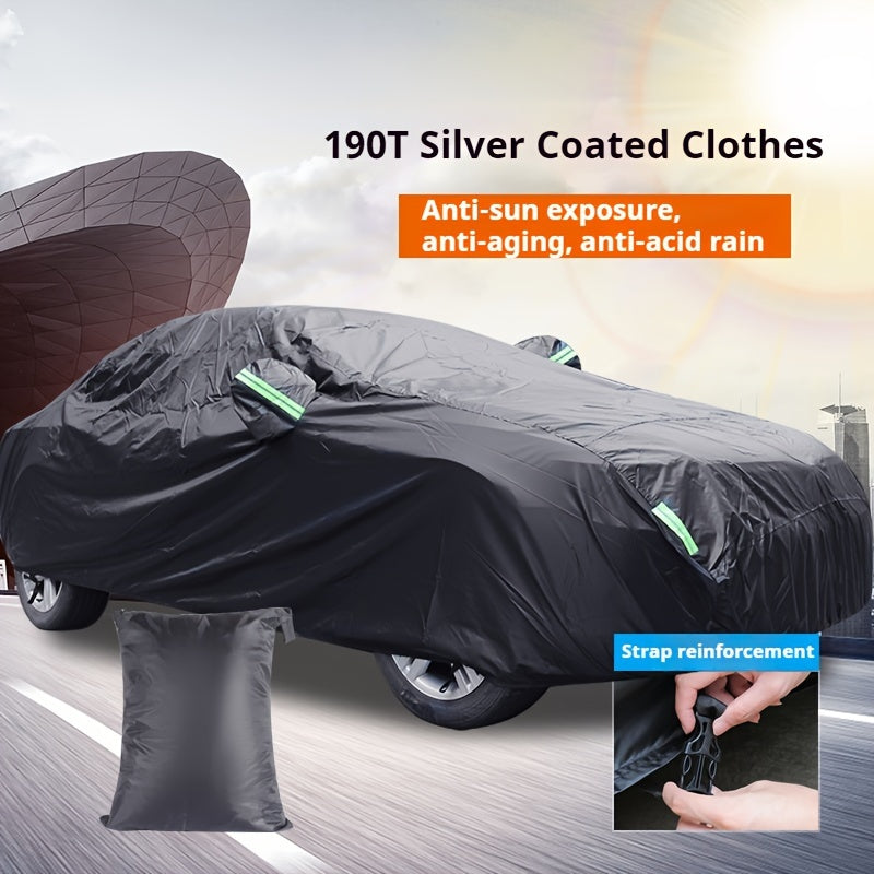 The Car Cover Is All Black With A 190T Silver-coated Fabric, Car Cover With Sun Protection, Polyester Reflective Strip Car Cover