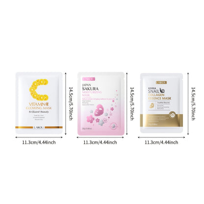 Hydrate Your Skin Using The LAIKOU Sheet Mask Set, Which Includes 15 Masks: 5 with Vitamin C, 5 with Korean Snail Essence, And 5 with Japanese Sakura. This Essence-Rich Mask Collection Makes a Perfect Gift for Christmas, Vale