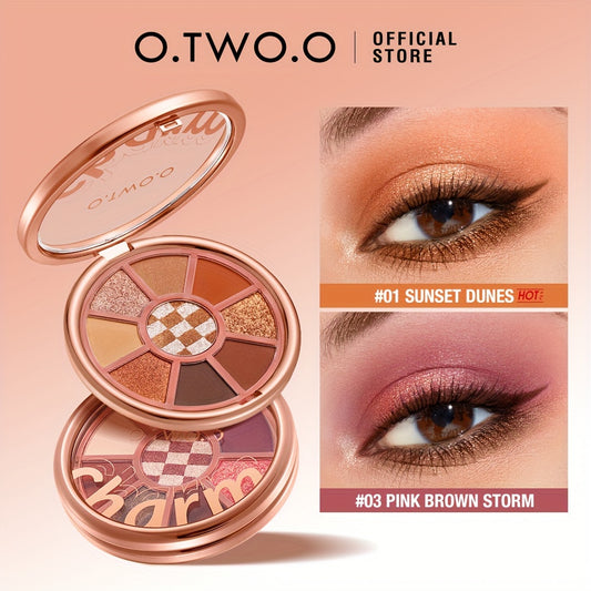 O.TWO.O Velvet Smooth Eyeshadow Palette - 9 Vibrant Colors, Matte & Shimmer Finish, Long-Lasting High Pigment Makeup with Rose Golden Compact, Perfect for Valentine’s Day or Everyday Glam