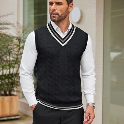 Men's Casual V-Neck Sweater Vest - Striped Cable Knit, Sleeveless Pullover for Spring/Fall