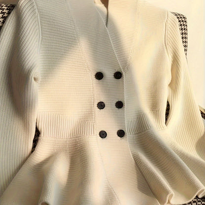 Visually V-Neck Cardigan - Solid Color, Thick Knit, Loose Fit, Warm, Viscose and Polyester Blend, Perfect for Fall/Winter