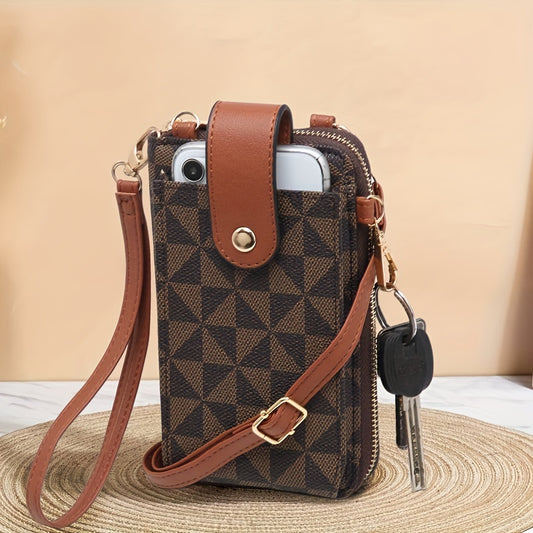 RAGSTO Women's Compact Crossbody Phone Wallet - Chic Mini Shoulder Bag with Adjustable Strap, Multiple Credit Card Slots & Zipper Closure, Black & Brown Geometric Pattern, Perfect Valentine's Day Gift for Her, Casual Crossbod