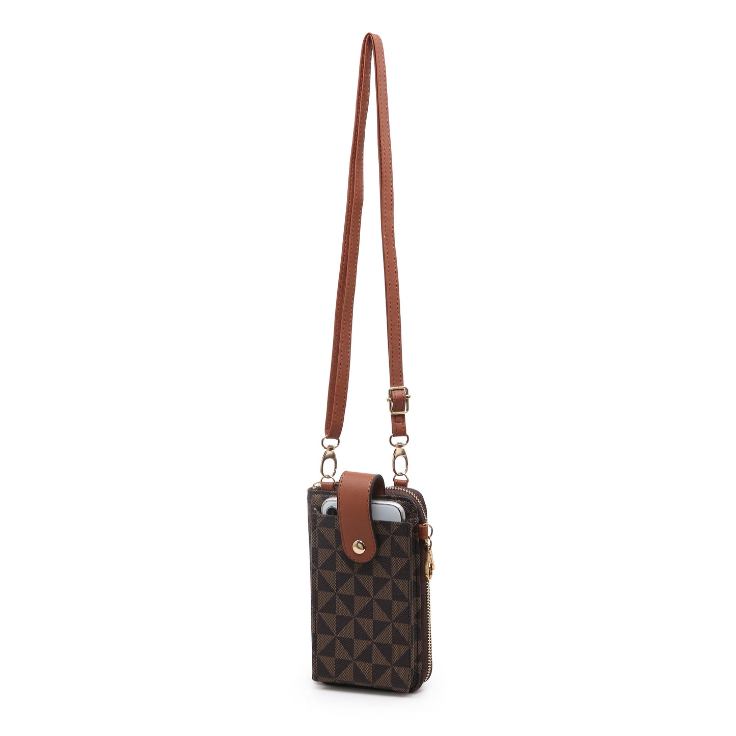 RAGSTO Women's Compact Crossbody Phone Wallet - Chic Mini Shoulder Bag with Adjustable Strap, Multiple Credit Card Slots & Zipper Closure, Black & Brown Geometric Pattern, Perfect Valentine's Day Gift for Her, Casual Crossbod