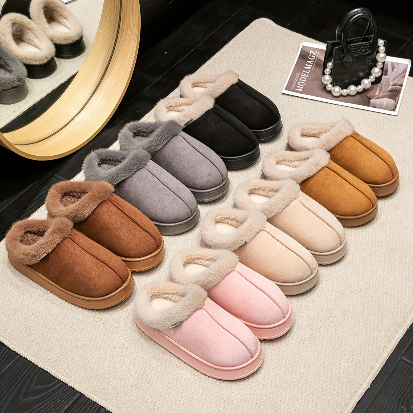 Cozy Plush Winter Slippers - Elegant Black with Cream Fur Trim, Thick Cushioned EVA Sole, Non-Slip, Hand Washable Indoor Shoes, Indoor Slippers