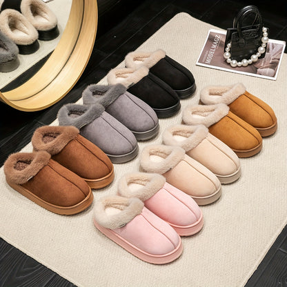 Cozy Plush Winter Slippers - Elegant Black with Cream Fur Trim, Thick Cushioned EVA Sole, Non-Slip, Hand Washable Indoor Shoes, Indoor Slippers