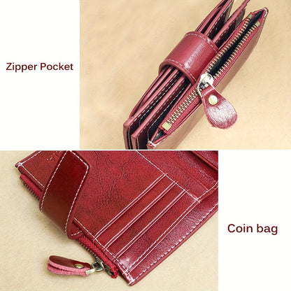 Genuine Leather RFID Blocking Wallet for Women - Stylish Bifold Card Holder with Detachable ID Window, Zipper Coin Pocket & Multiple Compartments, Red, Travel Accessory | Rfid Safe Wallet | Durable Leather, Card Holder Wallet