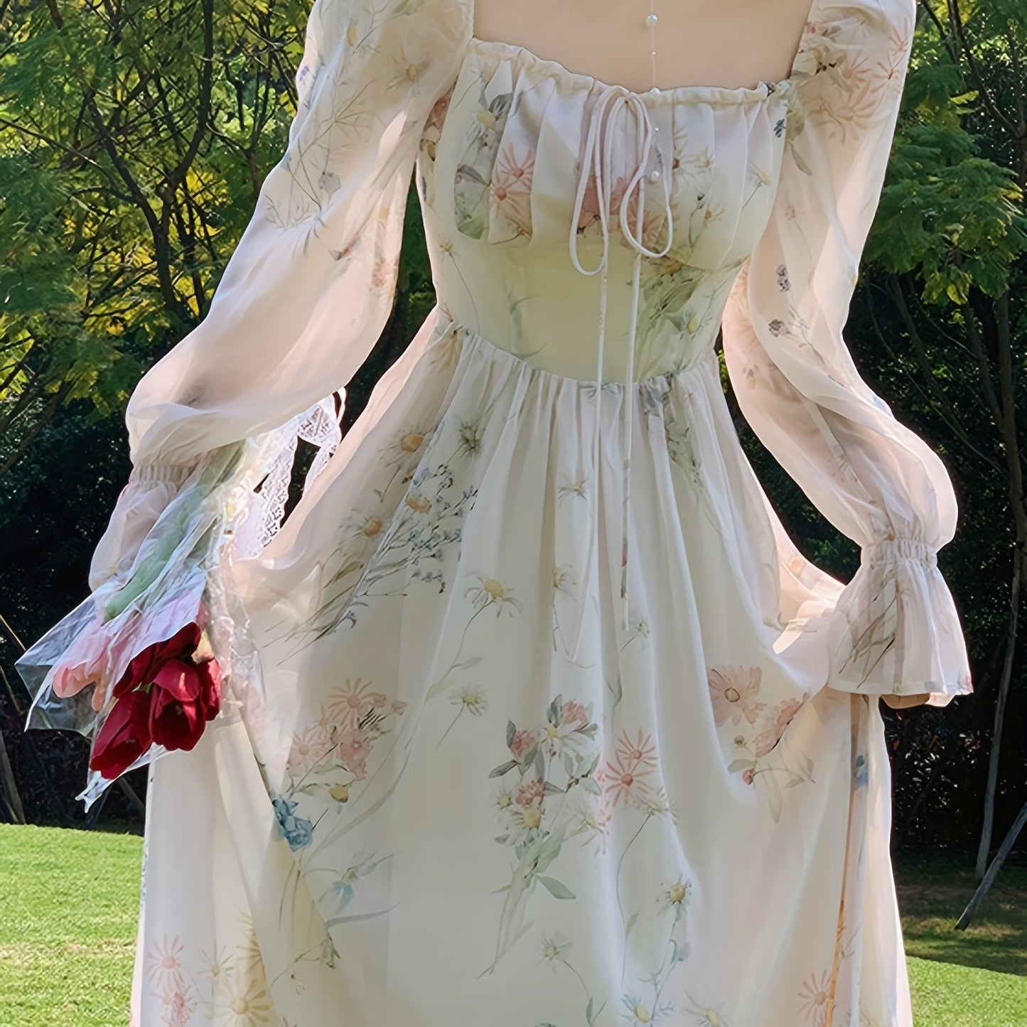 Elegant Floral Chiffon Midi Dress with Bell Sleeves - Square Neck, Long Sleeve, Lightweight, All-Season Wear for Women, Long Sleeve Dress