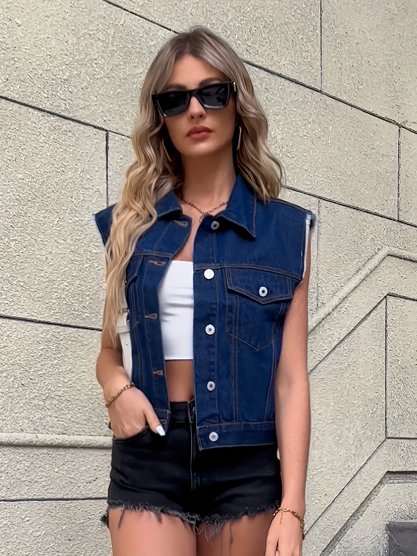 Blue Sleeveless Versatile Denim Jackets, Single-Breasted Button Flap Pockets Lapel Denim Vest, Women's Denim Clothing
