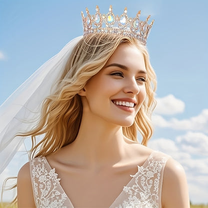 1pc Baroque Style Round Crown Princess Queen's Round Crown Bridal Wedding Birthday Hair Accessories, Retro Style